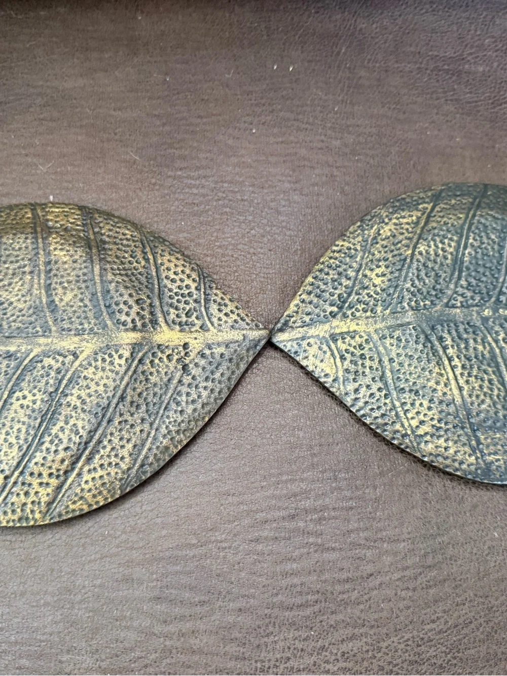 Crate and Barrel Oval Leaf Bronze Pillar Candleholder 2 Piece Set India 7.5